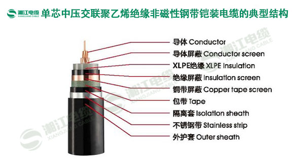 湘江電纜-單芯中壓交聯聚乙烯絕緣非磁性鋼帶鎧裝電纜